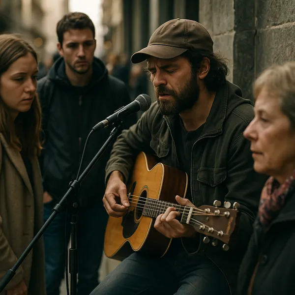 Enjoy an online jigsaw puzzle designed for browser play, featuring a street musician in an urban setting.