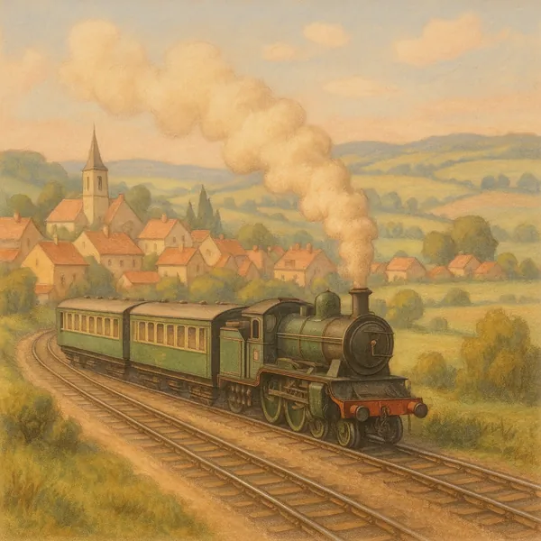 Discover a puzzle with a vintage steam train winding past a sleepy village in a soft, pastoral landscape.