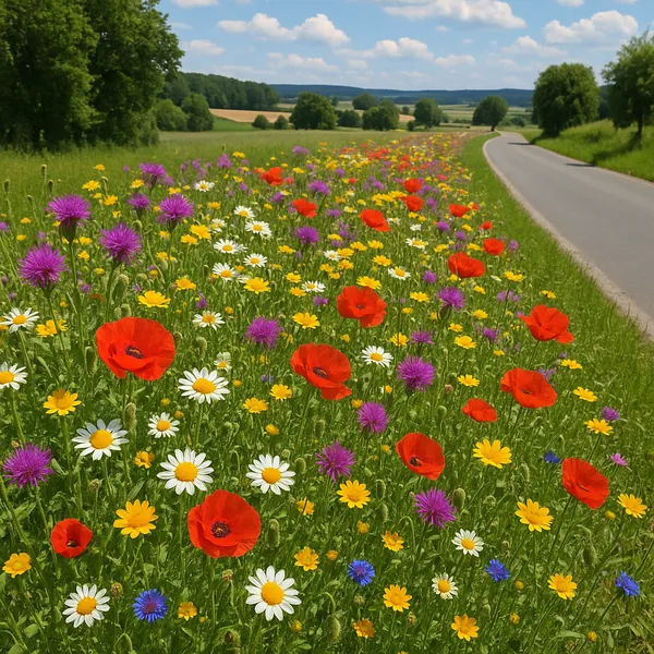 Enjoy assembling a puzzle depicting a sunlit country road bordered by a vibrant wildflower meadow.