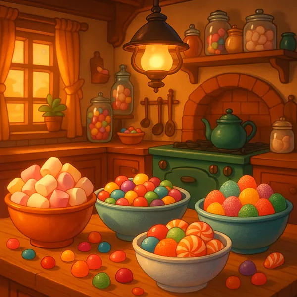 Enjoy an online jigsaw puzzle designed for browser play, featuring a cozy kitchen piled high with bowls of colorful candy and sweet treats.