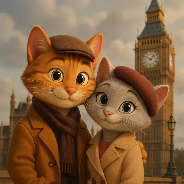 Discover a puzzle with two charming, anthropomorphic cats posing in front of London's iconic Big Ben — a warm orange tabby and a soft gray cat, both dressed in