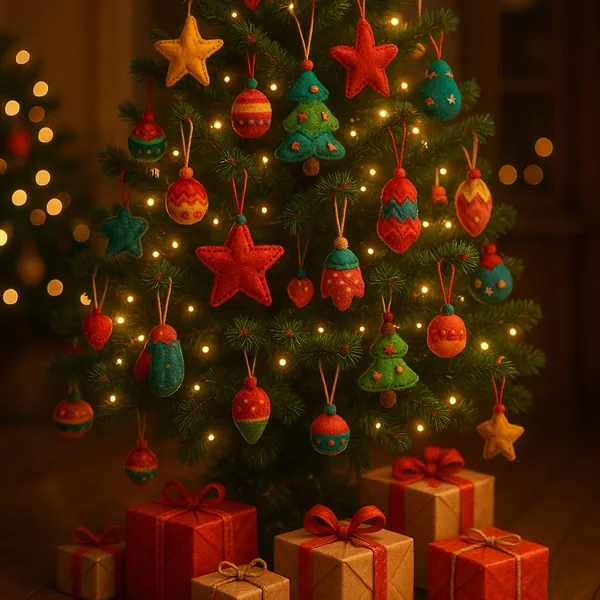 Enjoy an online jigsaw puzzle designed for browser play, featuring a cozy Christmas tree adorned with colorful handmade ornaments.