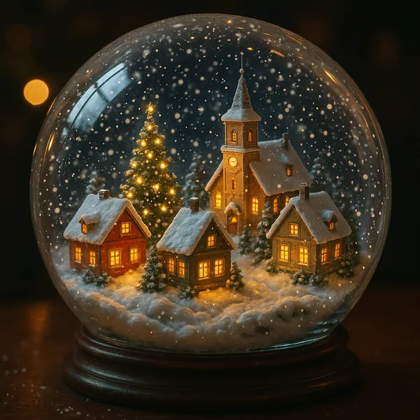 Enjoy an online jigsaw puzzle designed for browser play, featuring a miniature winter village captured inside a glowing snow globe.