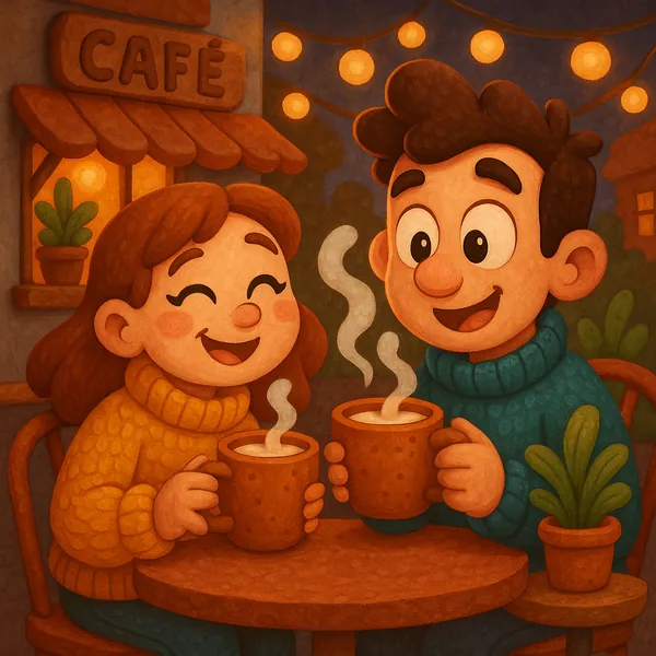 Discover a puzzle with a cozy evening café scene showing two cheerful characters in chunky sweaters sharing steaming mugs under glowing string lights.