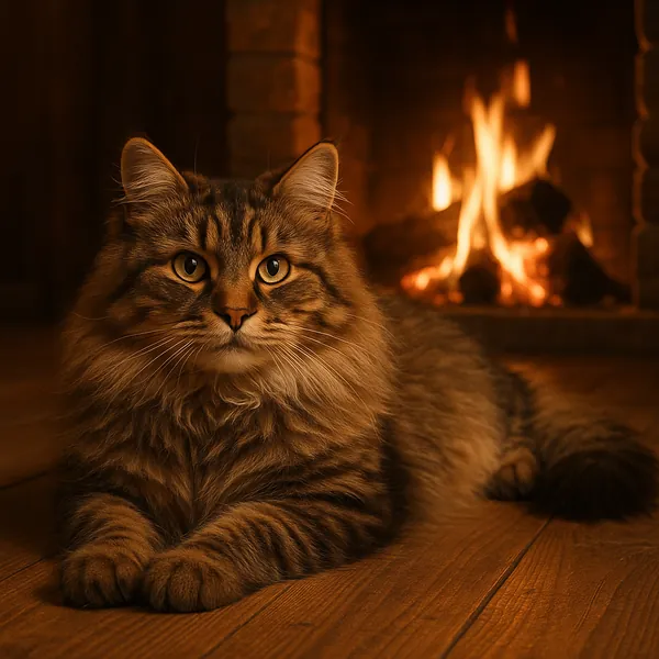 Discover a puzzle with a fluffy tabby cat lounging on a wooden floor in front of a crackling fireplace, bathed in warm amber and chestnut tones.