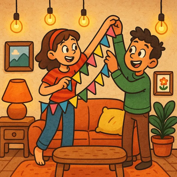 Enjoy assembling a puzzle depicting a cozy, cheerful living room scene where two friends hang colorful triangular bunting under warm glowing bulbs.