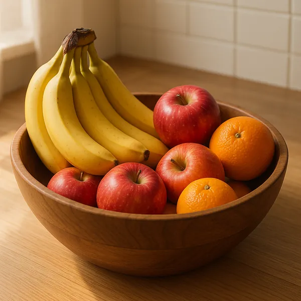 Enjoy an online jigsaw puzzle designed for browser play, featuring a warm still-life of fresh fruit in a wooden bowl — a cheerful food scene perfect for relaxin