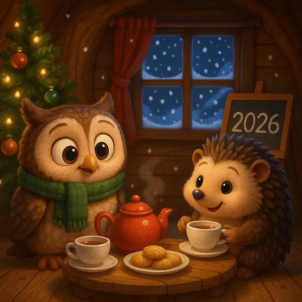 Enjoy assembling a puzzle depicting a cozy winter scene of an adorable owl and a smiling hedgehog sharing tea and cookies by a wooden table in a warm cabin — a
