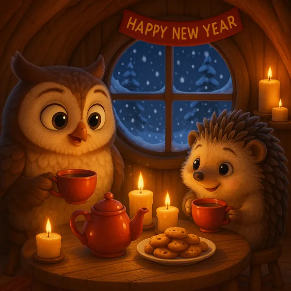 We invite you to assemble a puzzle featuring a cozy woodland tea party: a wide-eyed owl and a smiling hedgehog share steaming cups by a round wooden table, surr
