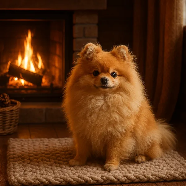 Discover a puzzle with an adorable fluffy Pomeranian sitting on a chunky knit rug before a glowing fireplace.