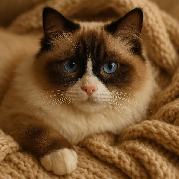Discover a puzzle with a serene Ragdoll cat nestled in a chunky, camel-colored knit blanket — soft cream and warm brown fur contrasts beautifully with striking