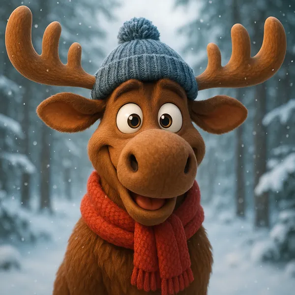 This online jigsaw puzzle features a friendly cartoon moose in a snowy forest, perfect for animal- and nature-themed browser play.