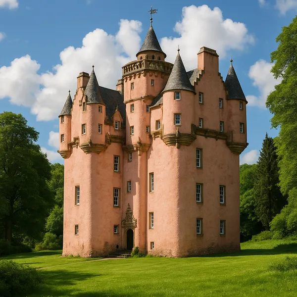 Enjoy assembling a puzzle depicting a charming pink castle with conical turrets set against a bright blue sky dotted with fluffy white clouds.