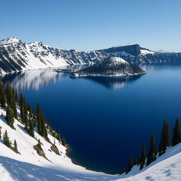 Enjoy an online jigsaw puzzle designed for browser play, featuring a serene nature scene of a deep blue mountain lake surrounded by snow-covered peaks and everg