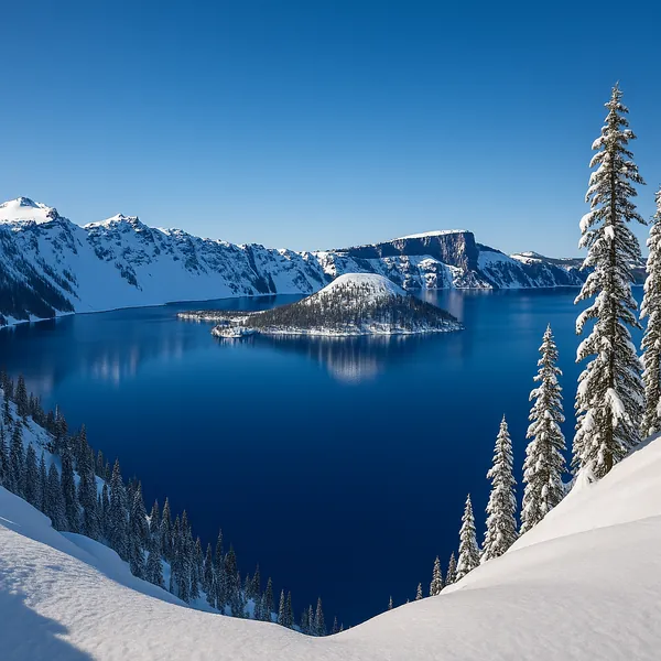 This online jigsaw puzzle features a serene winter landscape of a deep blue mountain lake surrounded by snow-capped peaks and frosted evergreens.
