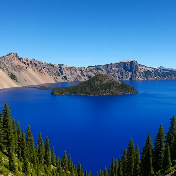 Enjoy an online jigsaw puzzle designed for browser play, featuring a serene nature scene of a deep-blue crater lake framed by rugged cliffs and evergreen trees.