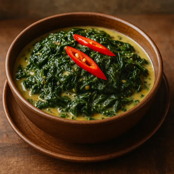 Enjoy assembling a puzzle depicting a rustic bowl of creamed spinach topped with two bright red chili slices.