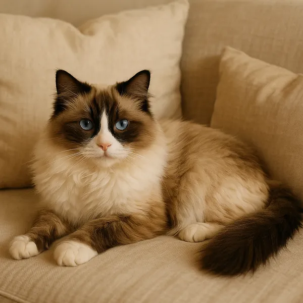 Enjoy assembling a puzzle depicting a fluffy Ragdoll cat lounging on a soft beige sofa, its cream and chocolate fur blending with warm neutral cushions and its