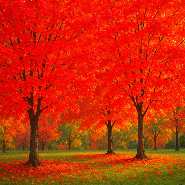 Enjoy assembling a puzzle depicting a row of vivid red and orange maple trees in full autumn glow, their fiery canopies spilling bright leaves across a soft gre
