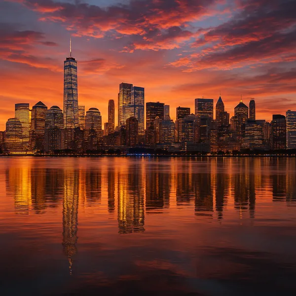 Discover a puzzle featuring a glowing city skyline at sunset, captured in rich oranges, fiery reds, and soft golden lights that spill across glass towers and ca