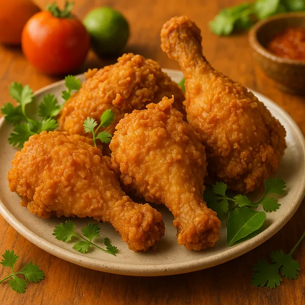 Discover a puzzle with a close-up of golden, crispy fried chicken drumsticks arranged on a ceramic plate, their textured breading glowing in warm amber light.