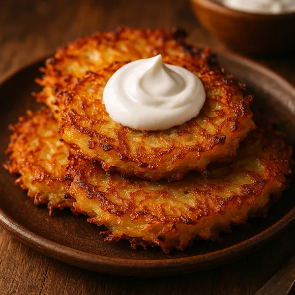 Discover a puzzle with a close-up of golden, crispy potato pancakes stacked on a rustic wooden plate, crowned with a silky dollop of sour cream.