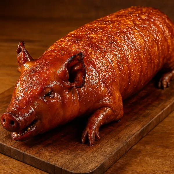 Discover a puzzle with a beautifully roasted whole pig resting on a wooden board, its glossy, caramelized skin gleaming in rich amber and mahogany tones.
