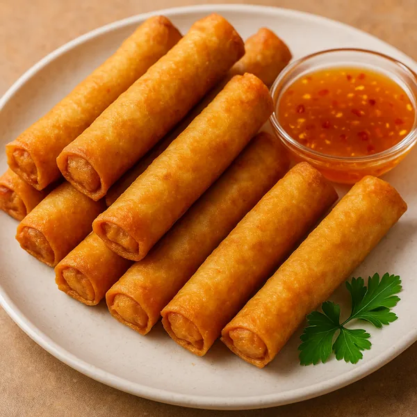 Enjoy assembling a puzzle depicting a cozy plate of golden spring rolls neatly arranged beside a small bowl of sweet chili dipping sauce and a sprig of fresh pa