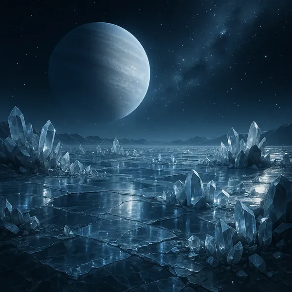 Discover a puzzle with a moonlit, otherworldly icy landscape dotted with gleaming crystal formations beneath a star-filled sky and a huge, softly glowing planet