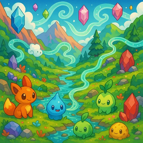 Enjoy assembling a puzzle depicting a whimsical valley filled with cheerful, chibi-like creatures beside a sparkling stream and gem-like crystals.
