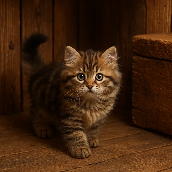 Enjoy assembling a puzzle depicting an adorable fluffy tabby kitten poised on warm wooden floorboards, its big round eyes and striped fur glowing in soft amber