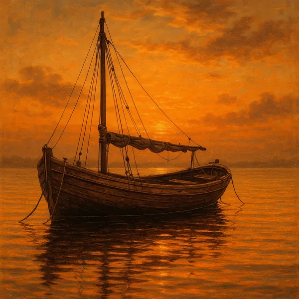 Discover a puzzle with a lone wooden sailboat gently floating on a mirror‑calm sea at sunset.