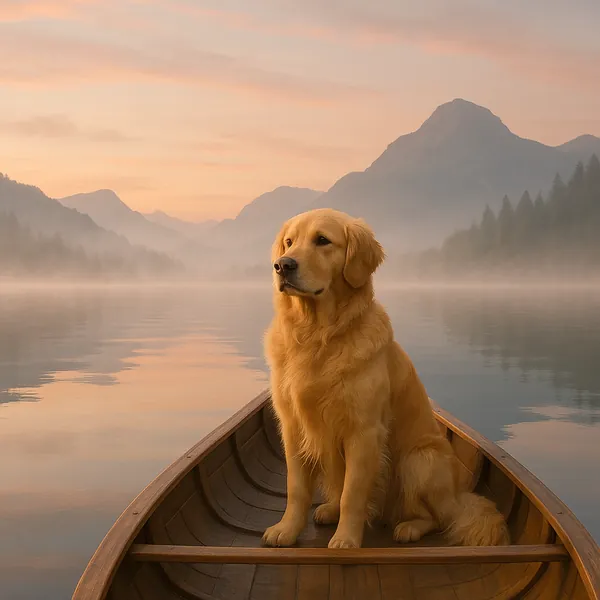 Enjoy assembling a puzzle depicting a golden retriever sitting serenely in a wooden canoe on a misty lake at sunrise.