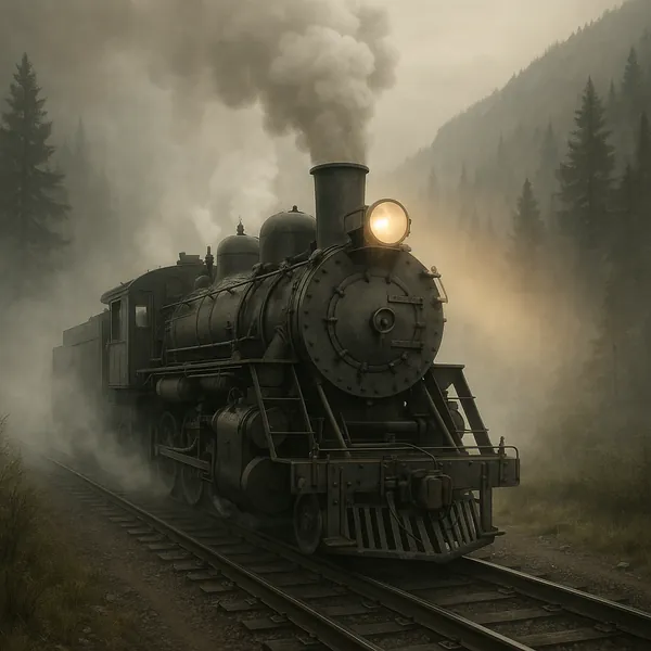 Discover a puzzle with a vintage steam locomotive emerging from mist in a quiet mountain valley.