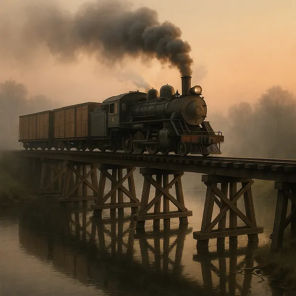 Discover a puzzle with a vintage steam locomotive crossing a wooden trestle over a glassy river at dawn, surrounded by soft, misty haze and warm sepia light.