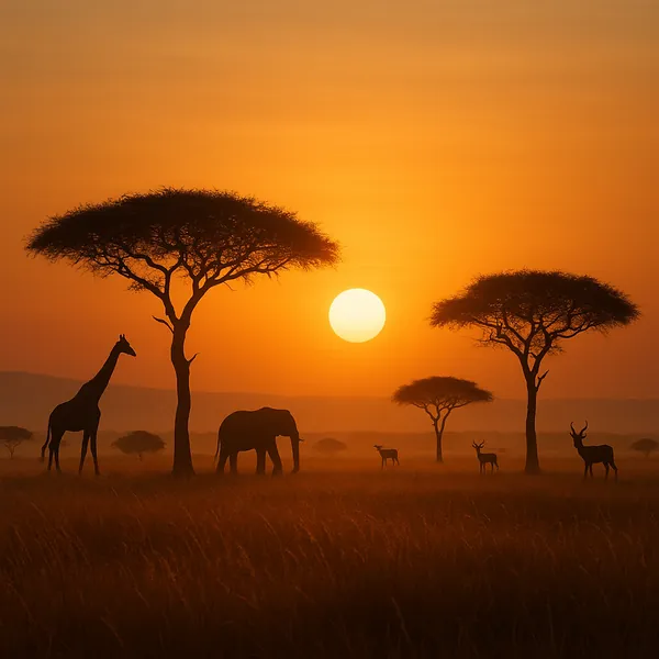 Enjoy assembling a puzzle depicting a serene African savanna at sunset, with a golden-orange sky, a low sun, and graceful silhouettes of acacia trees, a giraffe