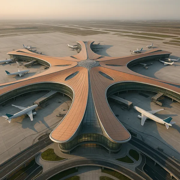 Discover a puzzle with a striking starfish-shaped airport terminal bathed in warm, golden-hour light on PuzzleFree.Game.