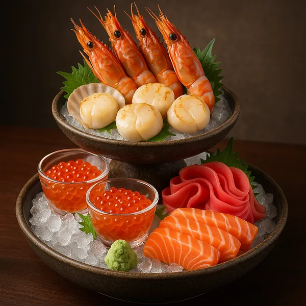 Discover a puzzle with a beautifully arranged seafood platter featuring vibrant orange shrimp and salmon sashimi, glossy ikura pearls in glass cups, tender sear