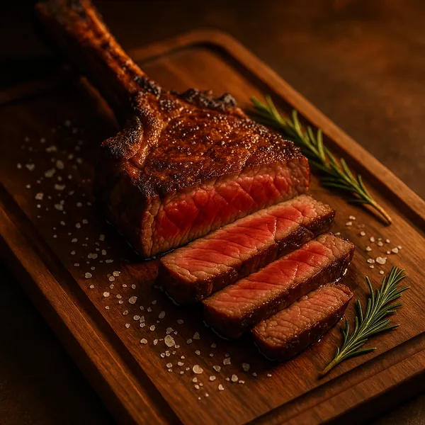 Discover a puzzle with a beautifully seared tomahawk steak sliced to reveal a rosy, medium-rare center resting on a warm wooden cutting board.