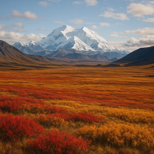 Enjoy an online jigsaw puzzle designed for browser play, featuring a sweeping autumn landscape with distant snow-capped mountains.