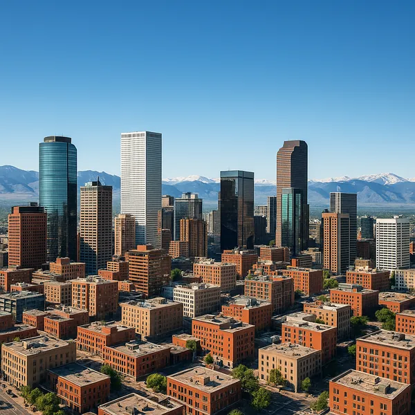 Discover a puzzle with a sunlit urban skyline of brick low-rises and gleaming glass towers set against snow-capped mountains and a clear blue sky.