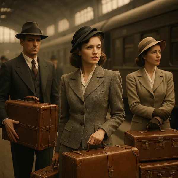 Enjoy assembling a puzzle depicting a vintage train station scene with three elegantly dressed travelers holding leather suitcases.