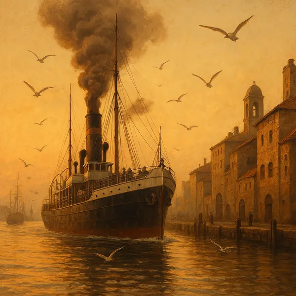 Discover a puzzle with a vintage steamship gliding into a quiet harbor at golden hour, smoke billowing from its funnel as seagulls circle overhead.
