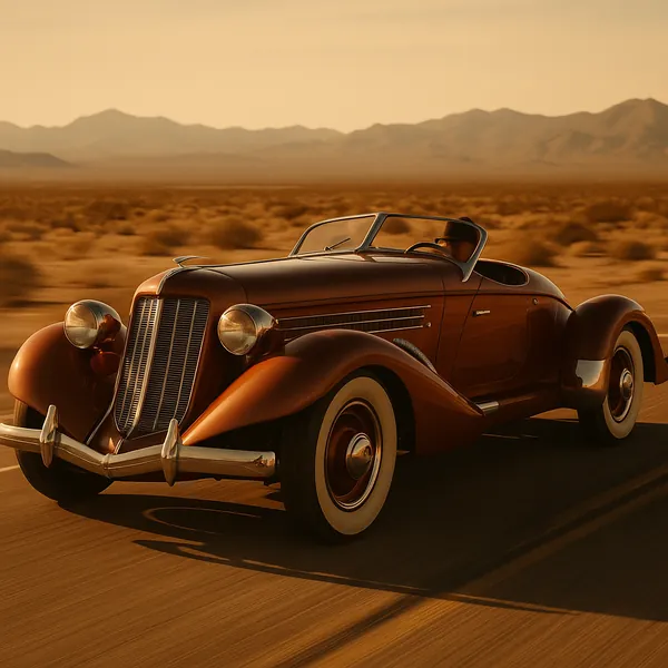 Discover a puzzle with a gleaming vintage convertible cruising down an open desert road at golden hour.