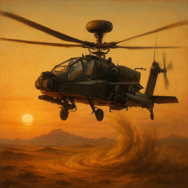 Discover a puzzle with a dramatic attack helicopter hovering over a windswept desert at sunset.