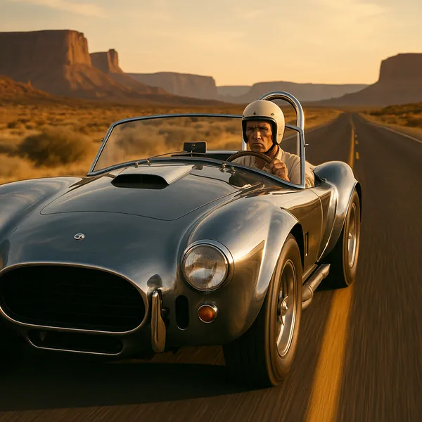 Enjoy assembling a puzzle depicting a sleek vintage roadster speeding down an open desert highway at golden hour.
