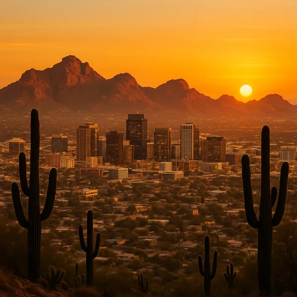 Enjoy assembling a puzzle depicting a golden desert sunset over a sunlit city skyline framed by tall saguaro cacti and rugged mountain silhouettes.