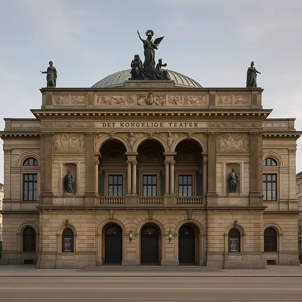 Discover a puzzle with the stately façade of a classical theater, its warm beige stone, graceful arches, and dignified bronze statues set against a soft sky.