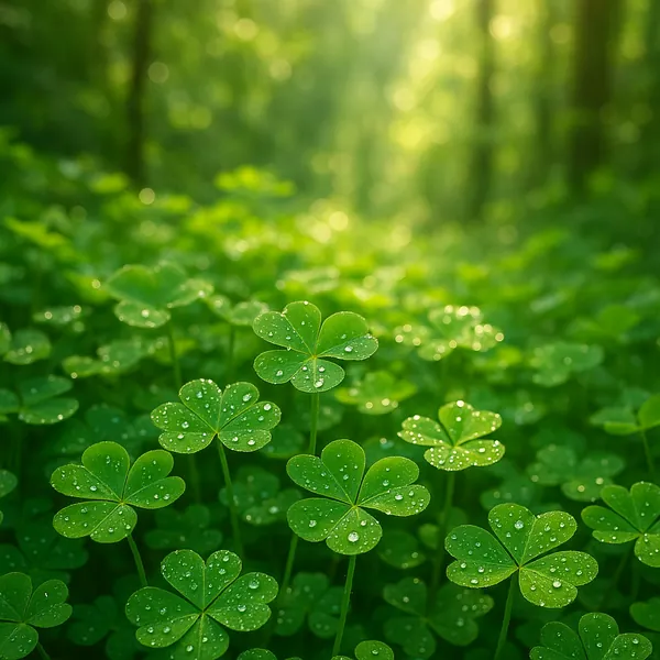 Discover a puzzle featuring a close-up carpet of dew-kissed clover leaves glowing in soft morning light.