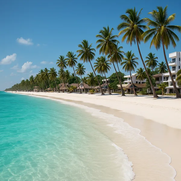 Discover a puzzle with a sunlit tropical beach scene: turquoise, crystal-clear water laps a wide stretch of soft white sand lined with tall, graceful palm trees